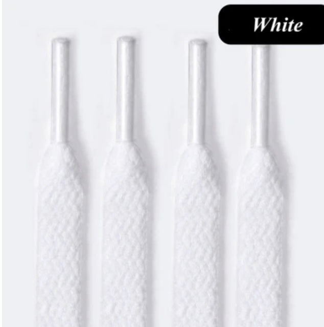 Four white shoelaces with plastic tips on a white background, labeled White.