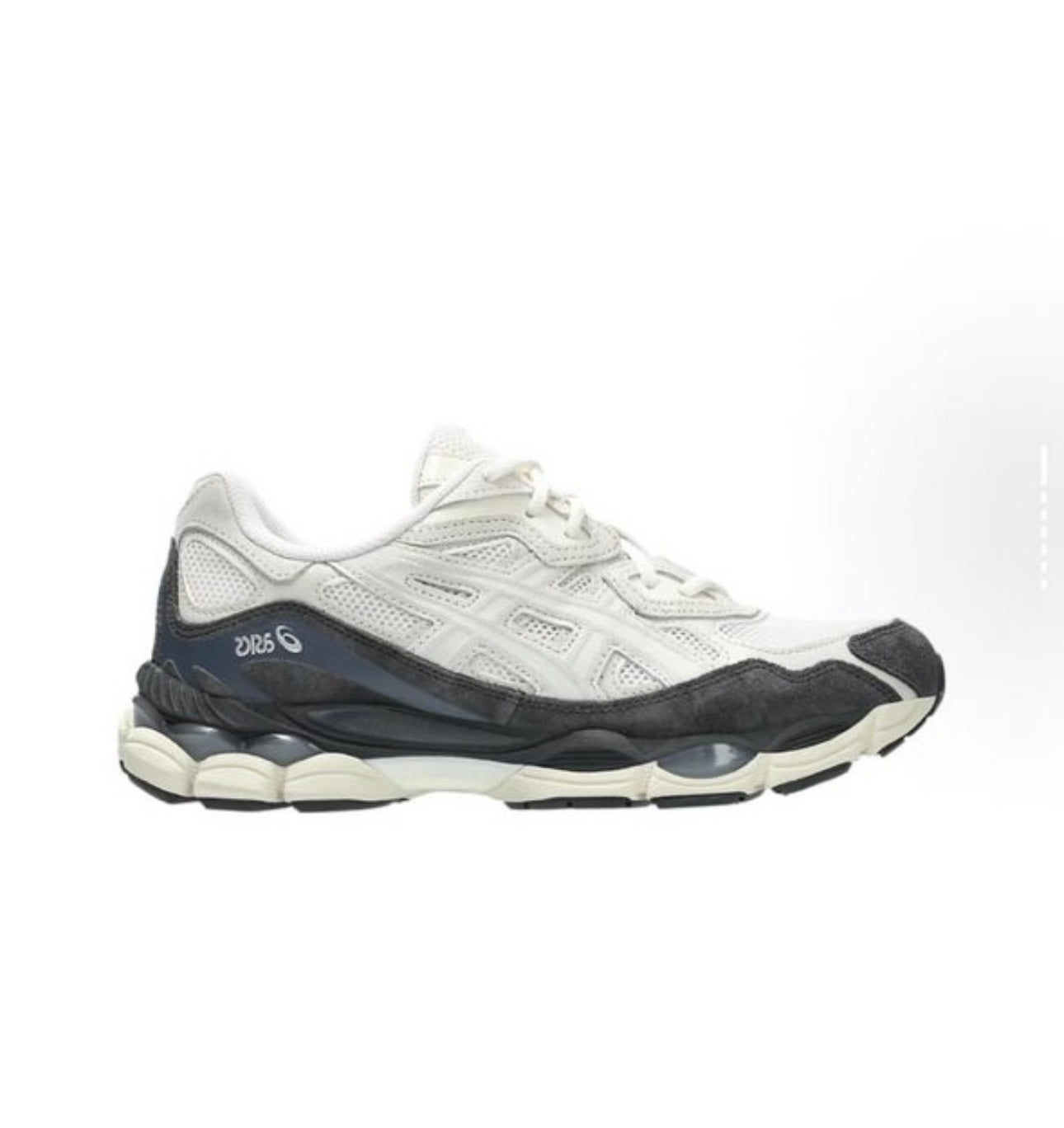 White and black ASICS running shoe with mesh upper and textured sole on a plain background