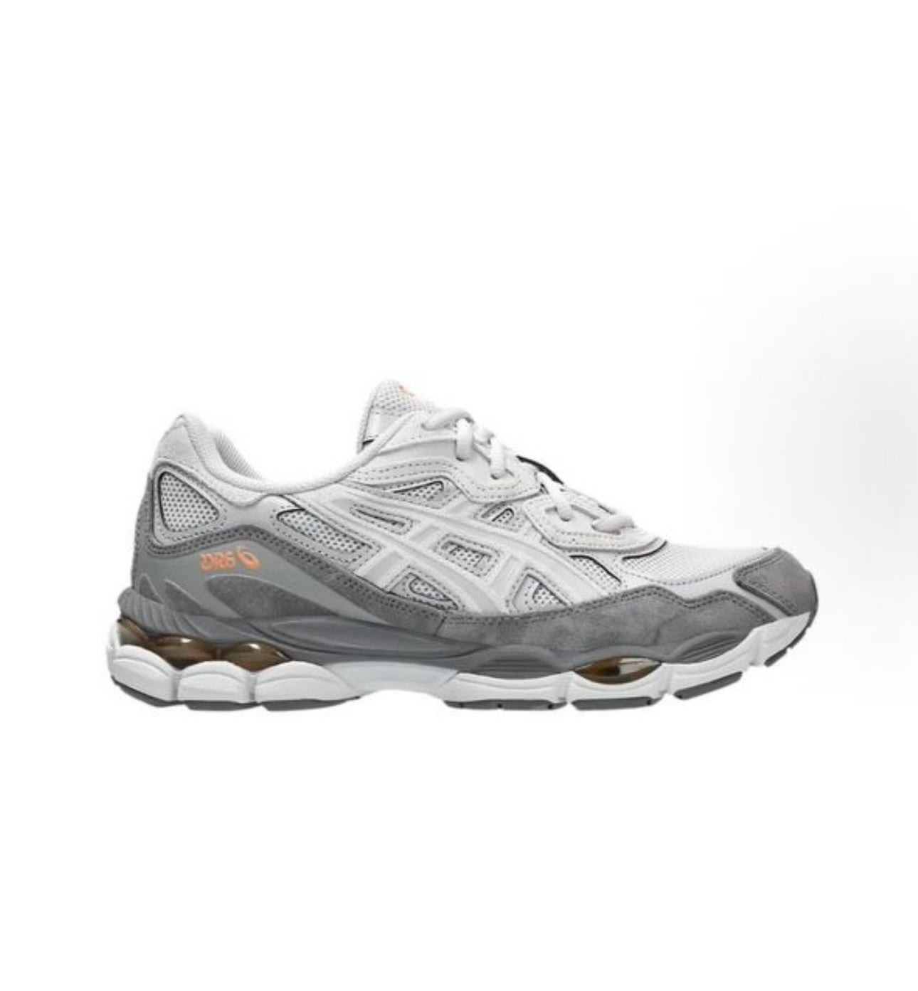 White and grey ASICS Gel running shoe with mesh upper and cushioned sole on white background