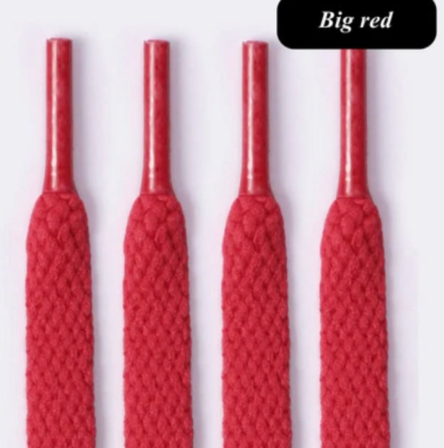 Four thick red shoe laces with text label Big red on white background