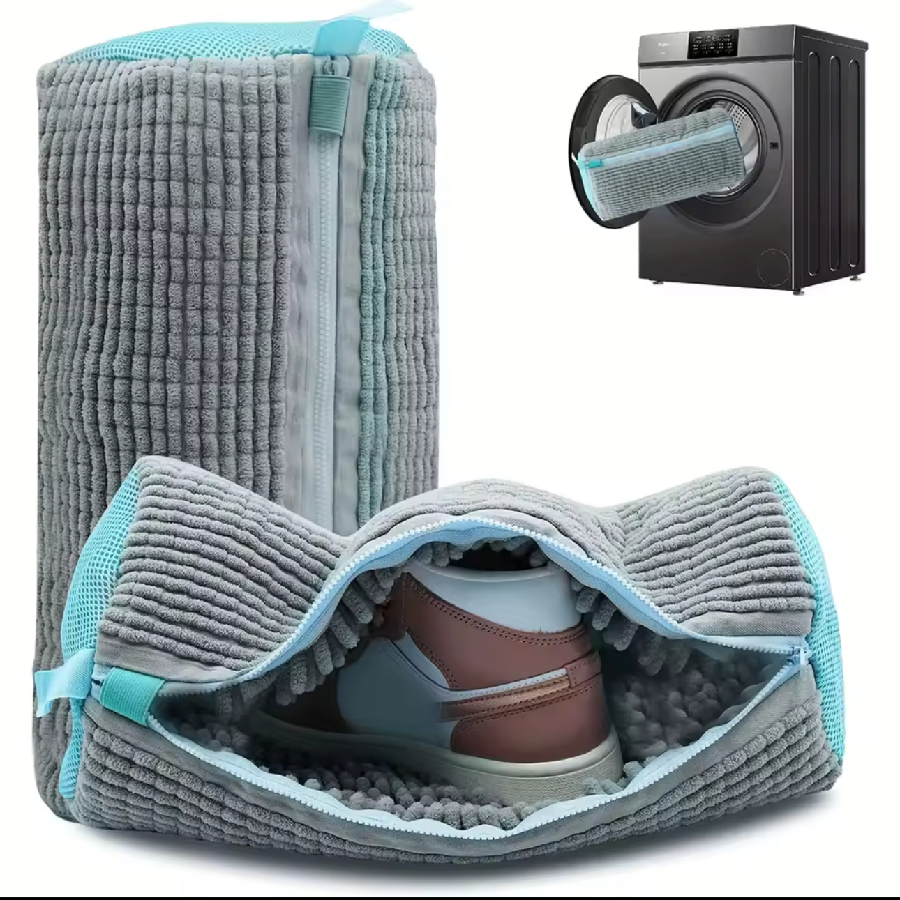 Gray and blue shoe wash bag with zipper, sneaker inside, next to washing machine