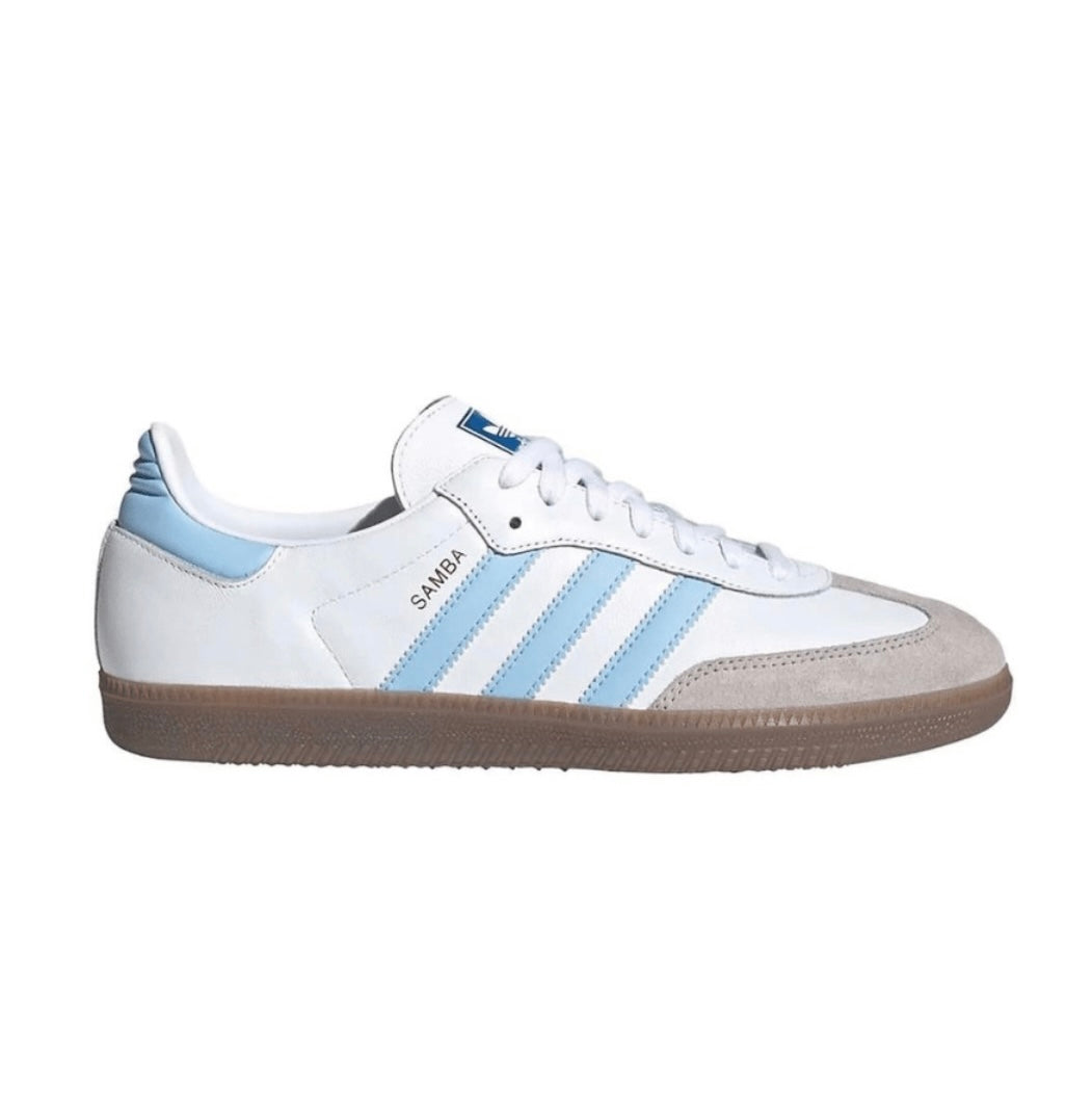 Adidas Samba white sneaker with light blue stripes and gum sole on white background