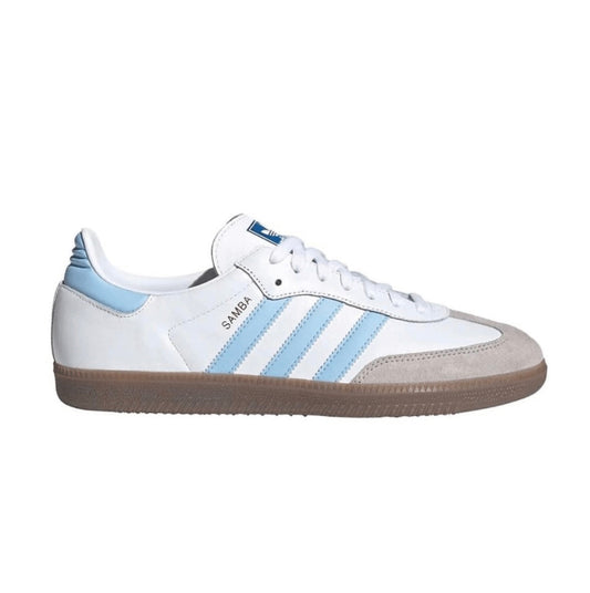 Adidas Samba white sneaker with light blue stripes and gum sole on white background