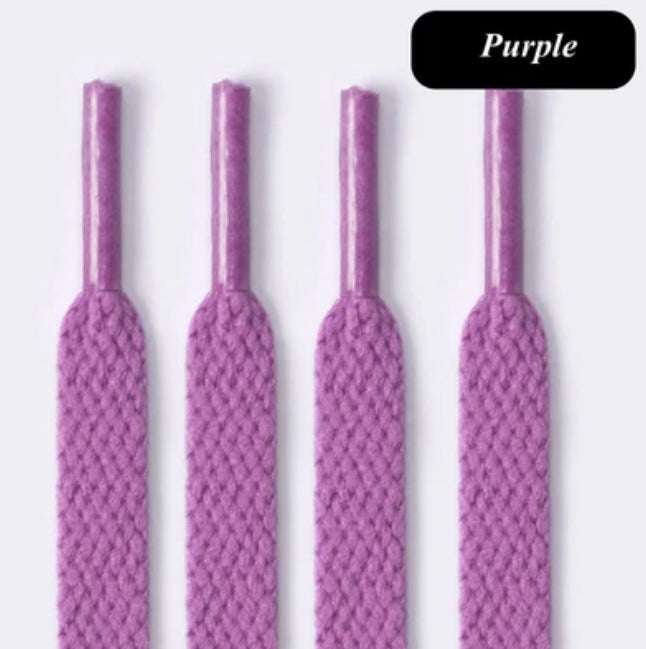 Four purple flat shoelaces with aglets on a light background, labeled 'Purple'.
