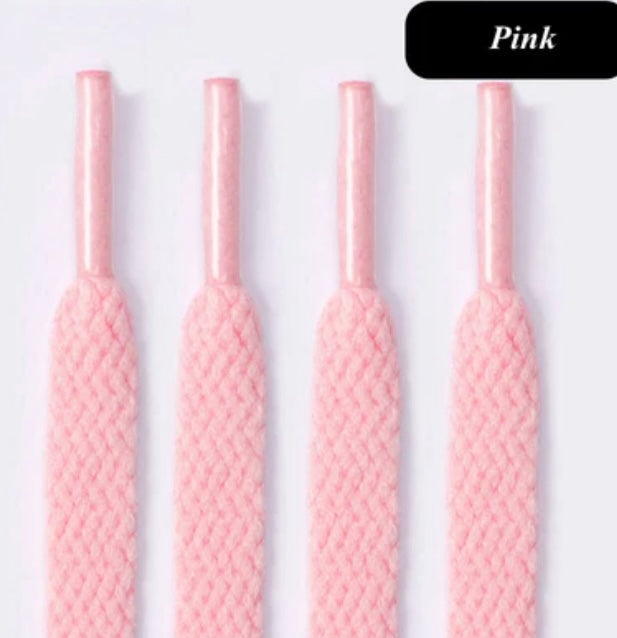 Flat pink shoelaces with plastic tips on white background, labeled Pink