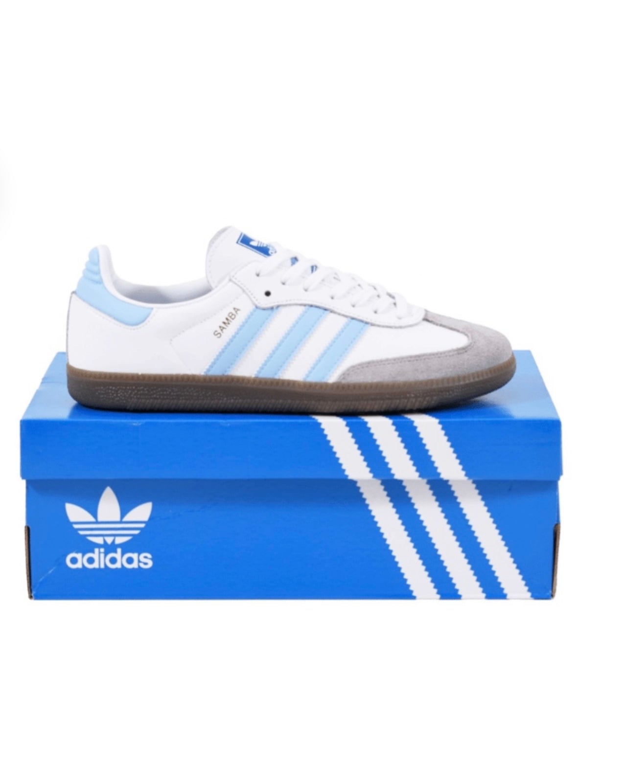 Adidas Samba white and light blue sneaker on blue Adidas box