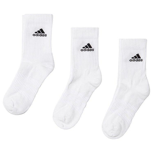 Three pairs of white Adidas crew socks with black logo on white background